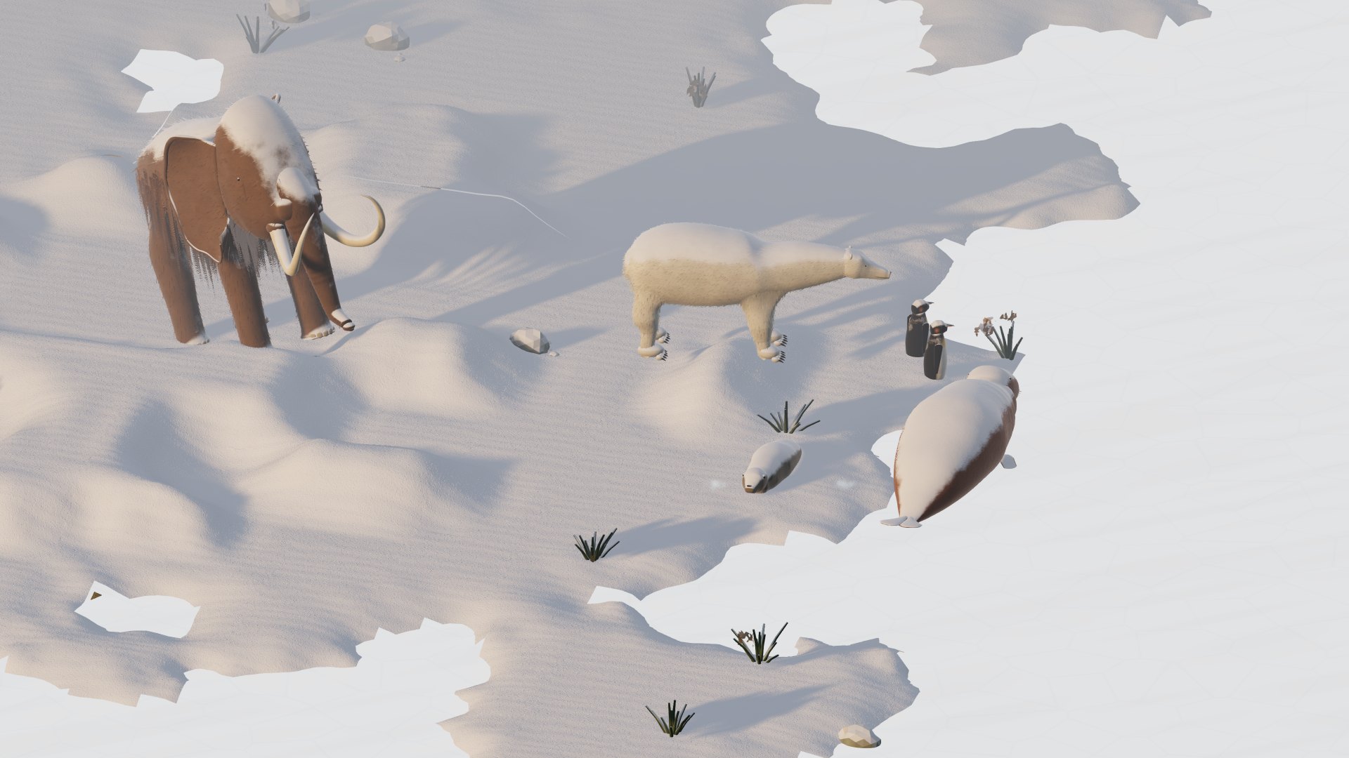 Un mammut, un orso polare, una foca e due pinguini sulla neve della banchisa