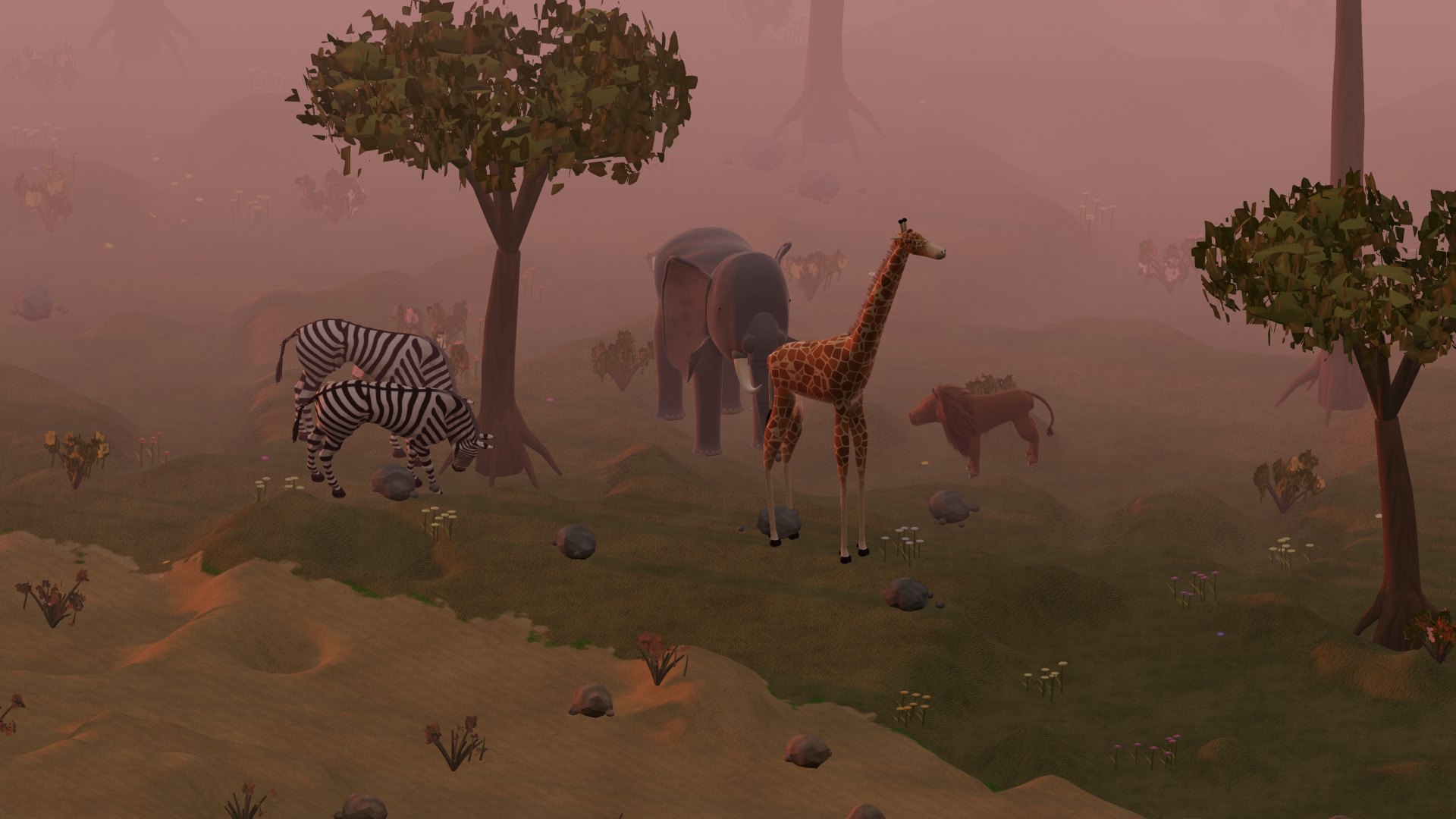 Un elefante, una giraffa, due zebre e un leone nella savana al tramonto
