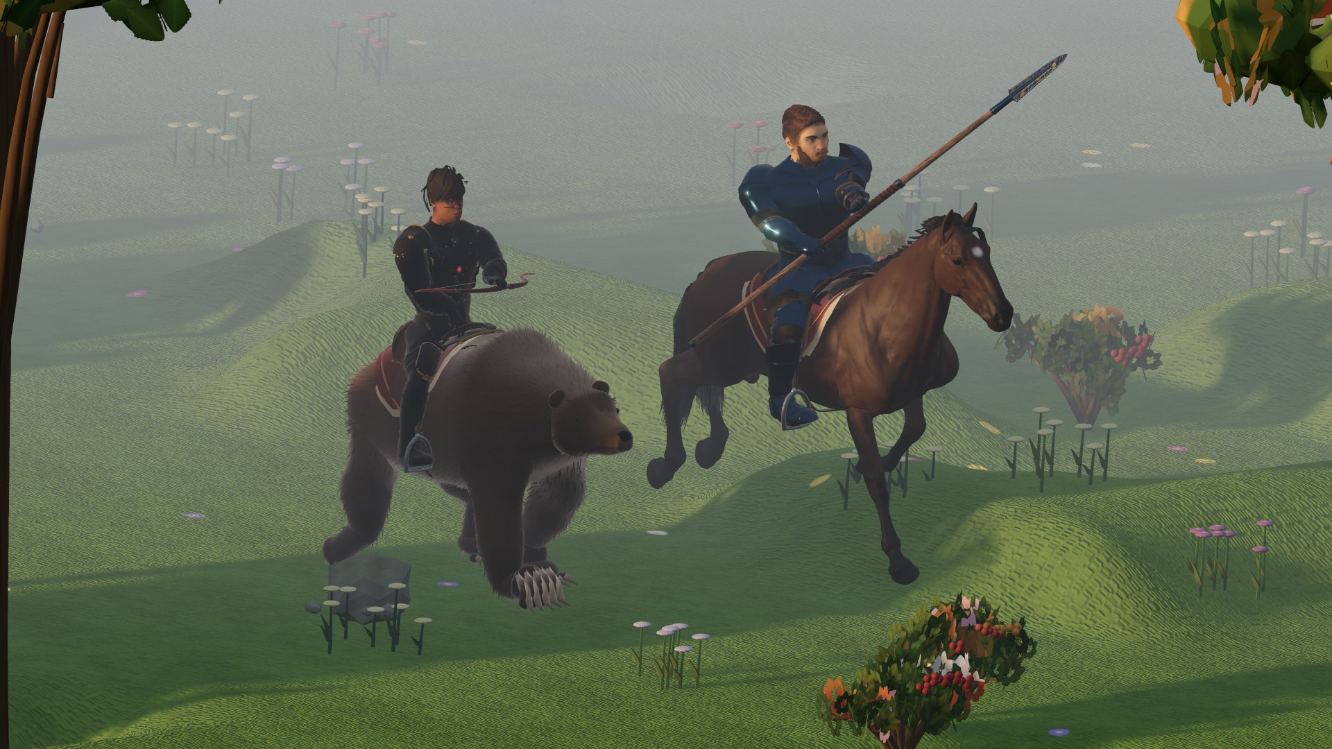 Un cavaliere in mitril con la lancia al galoppo sul cavallo nuovo e un'arciera in sella all'orso grizzly, nel prato nel tardo pomeriggio