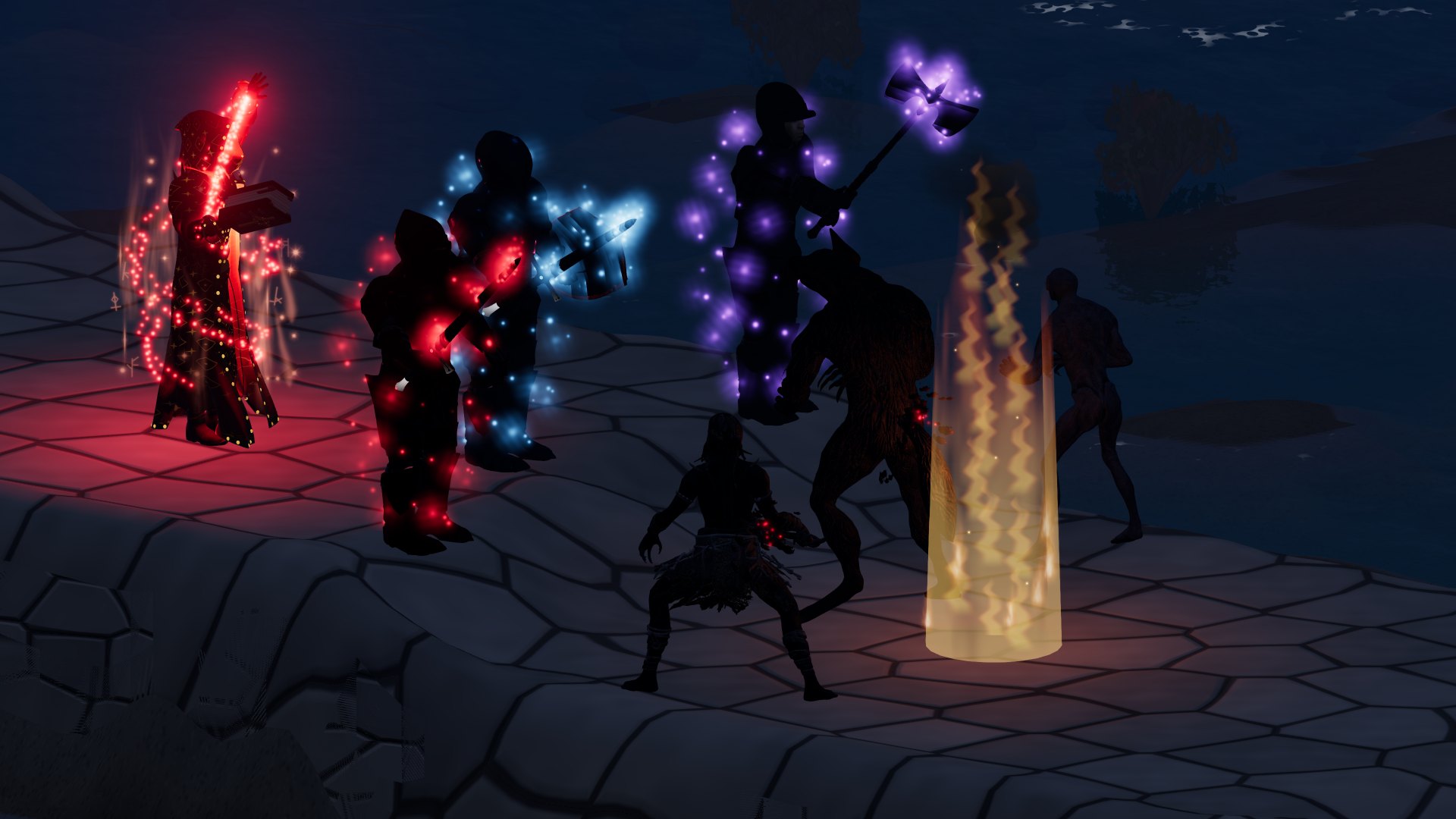 Di notte, tre guerrieri in armatura di mitril, di vermillion e di black rock contro il lupo mannaro e due ghoul: le armature e le armi brillano di blu, di rosso e di viola, la maga accende una colonna di fuoco