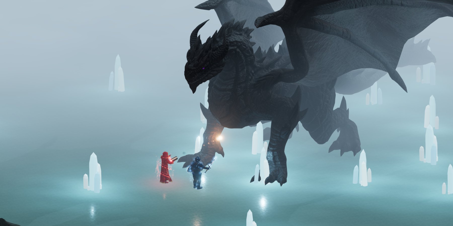 La sala del Drago nero antico nel Regno del gelo, fra i cristalli di ghiaccio