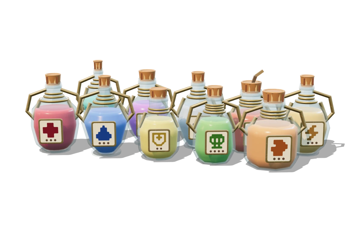 Dieci boccette della Torre magica: cura, mana, antiveleno, veleno, le pozioni di Forza, Destrezza, Intelligenza e Invisibilità, la boccetta esplosiva e il refresh
