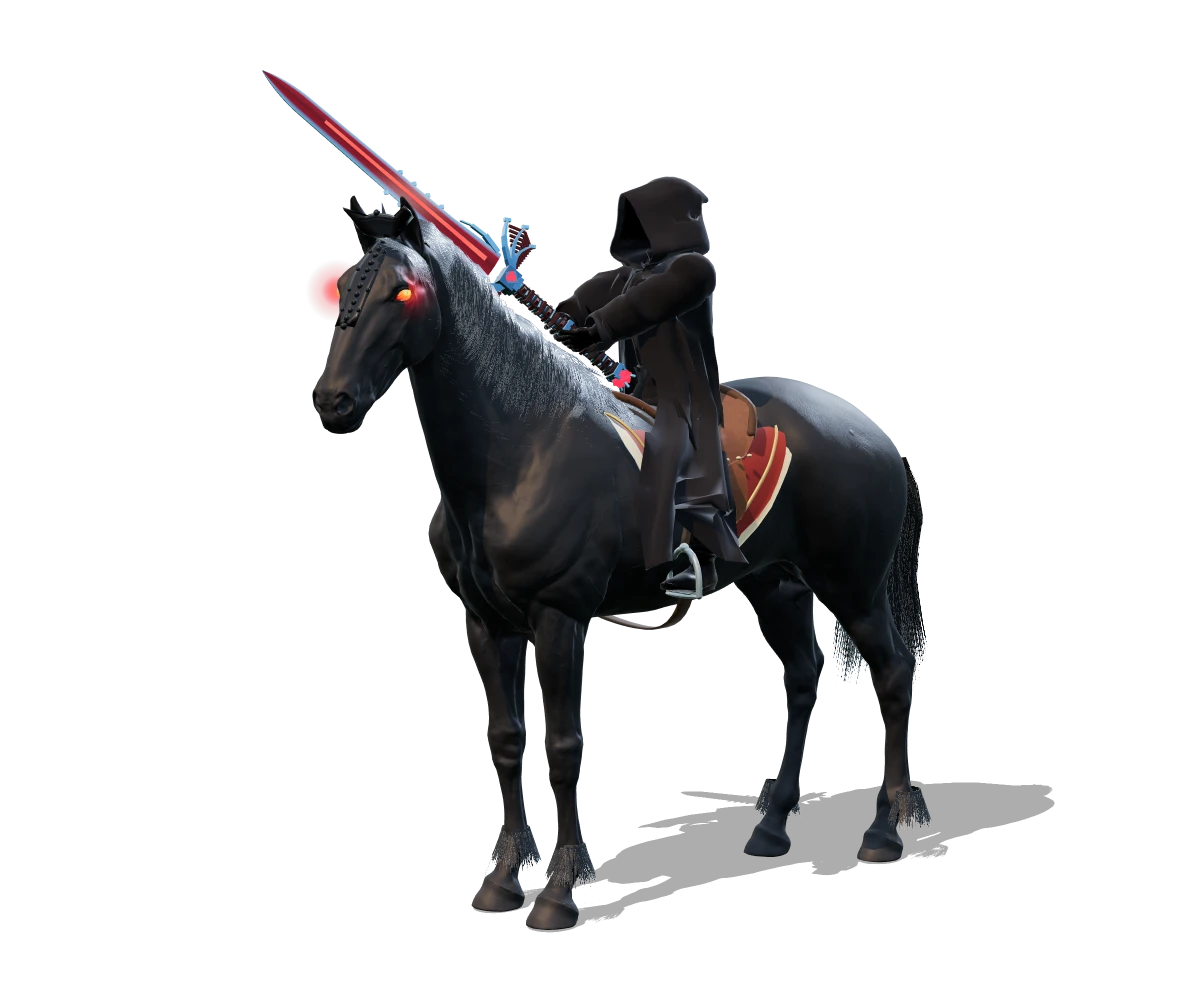 Il Cavallo Nazgul nero con gli occhi rossi, col cavaliere nella Tunica Nazgul e lo spadone vampirico