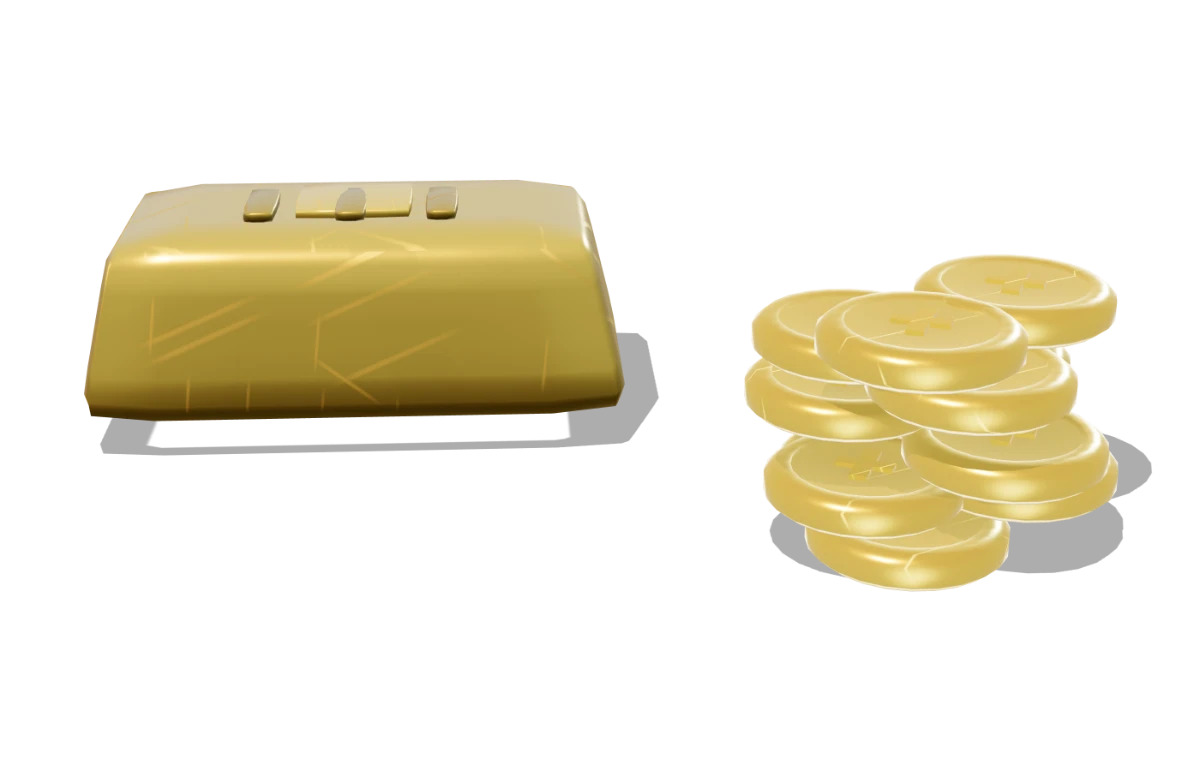 Il lingotto d'oro e una pila di monete d'oro, i modelli del gioco
