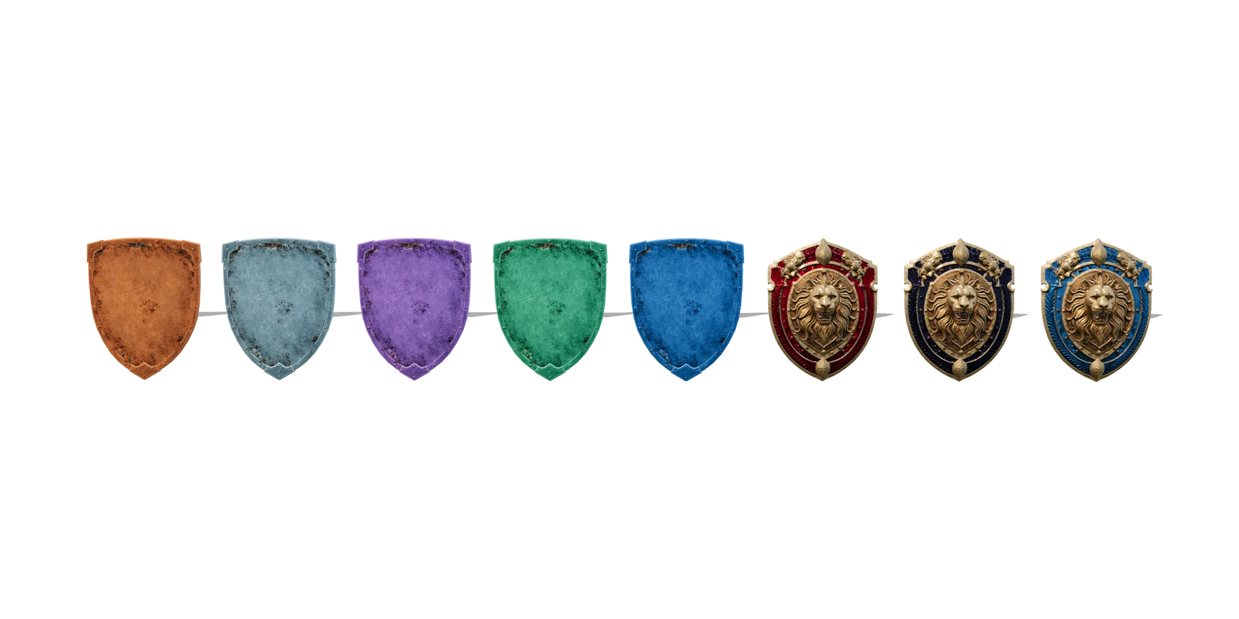 Gli scudi degli otto metalli in fila, dal rame al mitril: il vermillion, la black rock e il mitril col leone d'oro