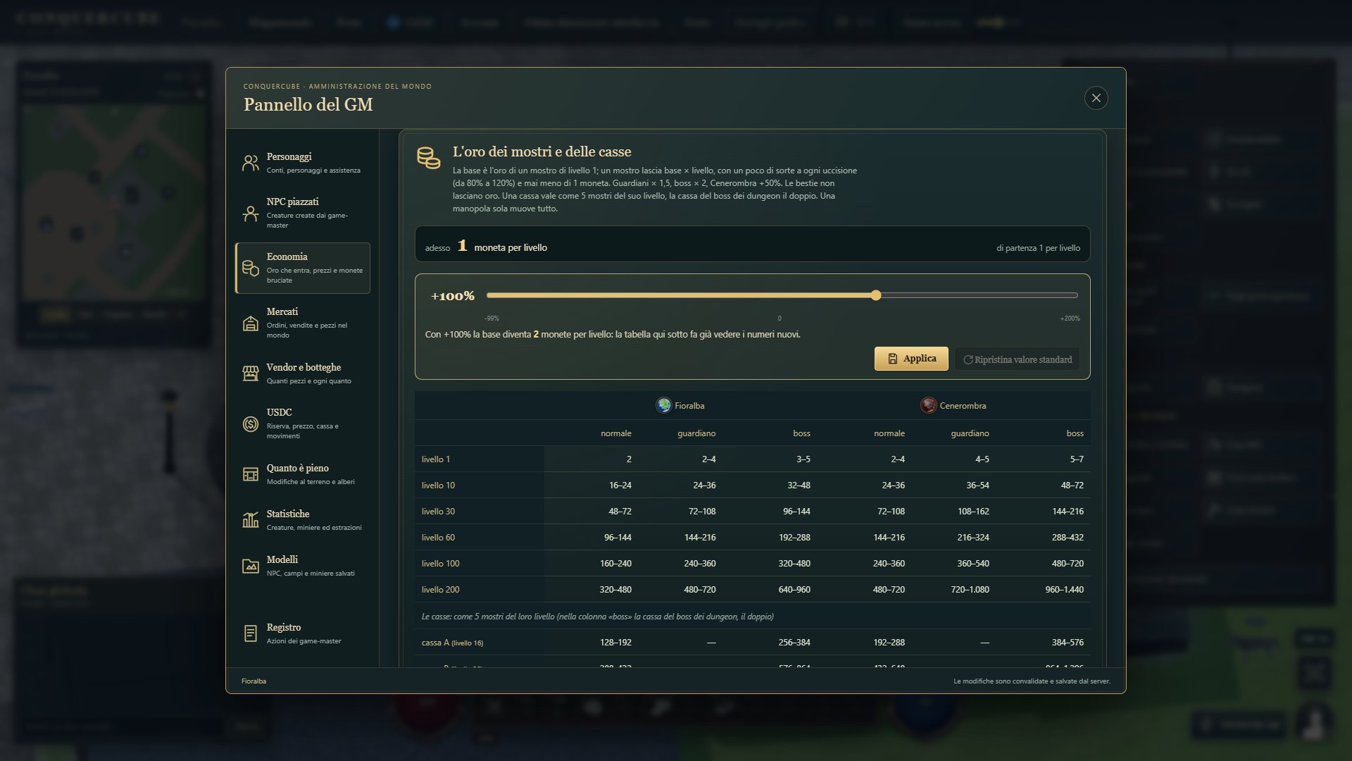 La pagina Economia del game-master