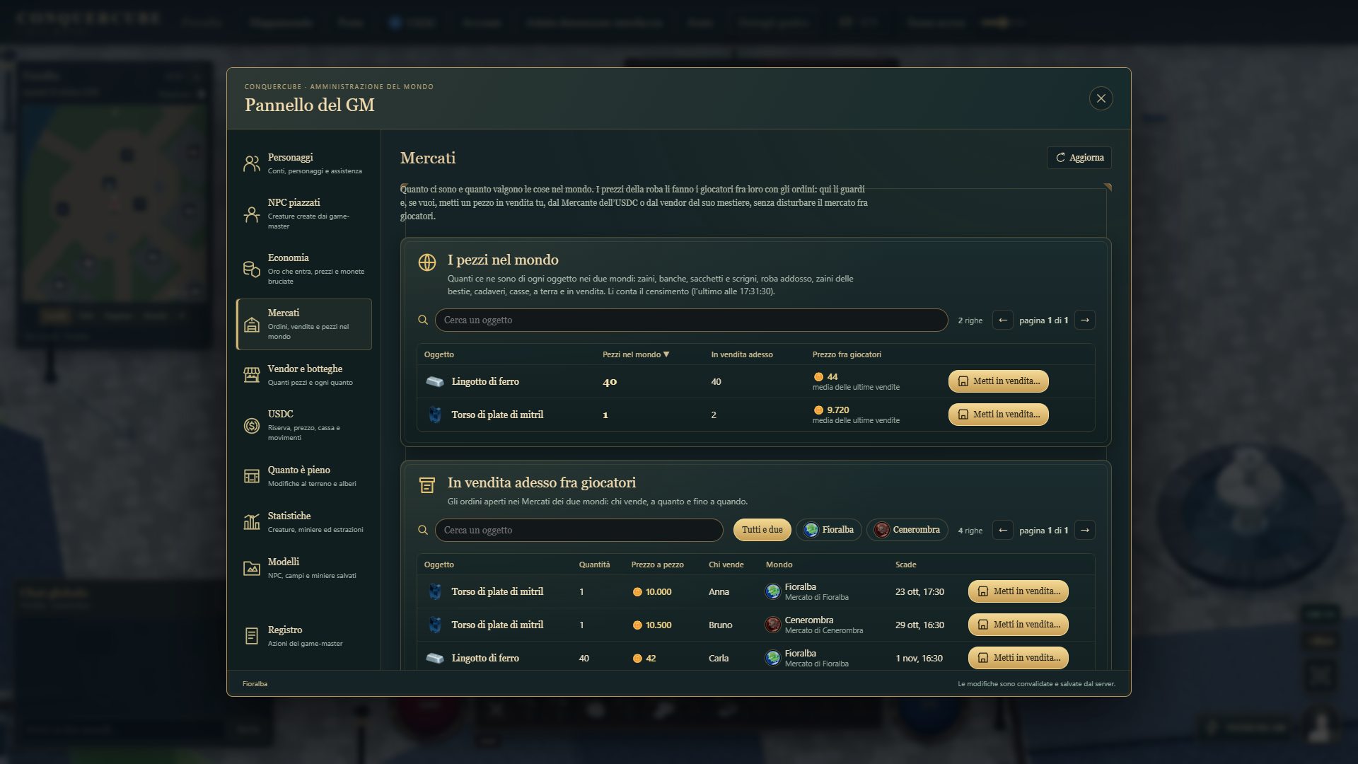 La sezione Mercati del game-master
