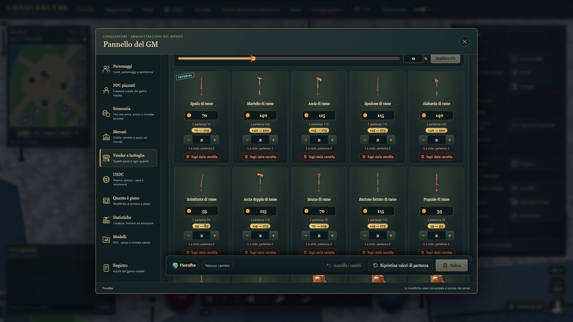 La pagina Vendor e botteghe del game-master