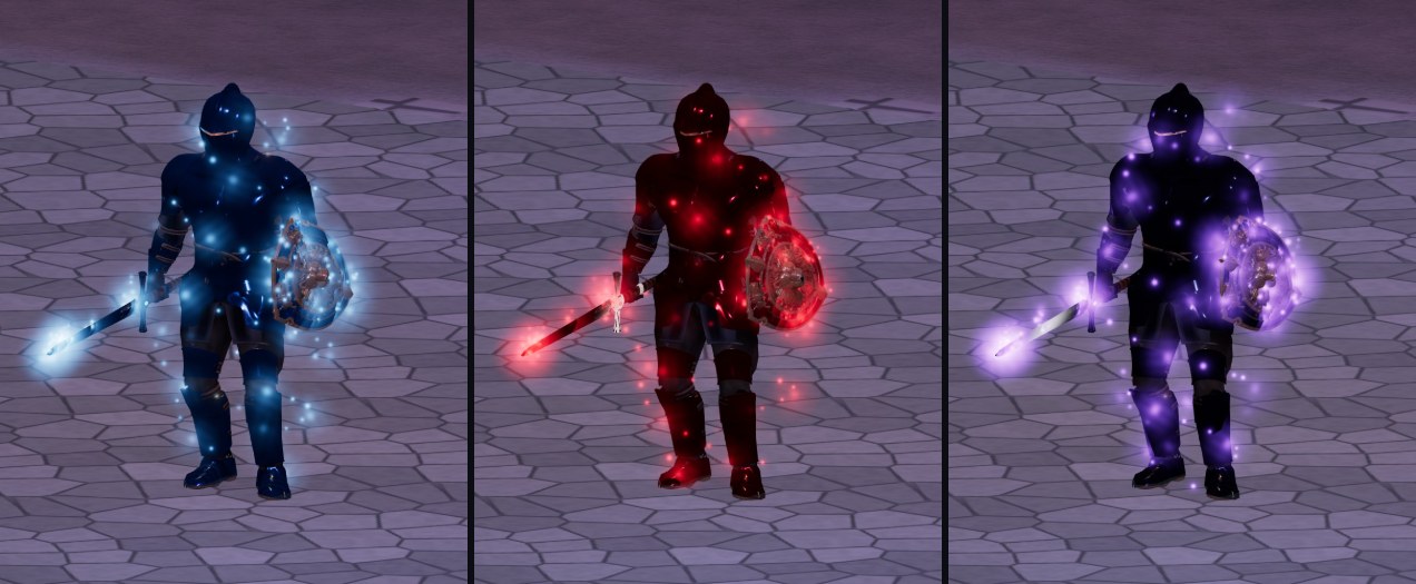 Tre guerrieri di notte in plate di mitril, di vermillion e di black rock, con spada e scudo dello stesso metallo